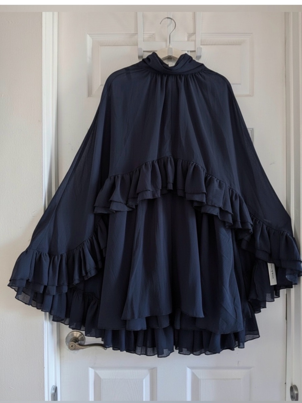 Commense Semi-Sheer Chiffon Ruffle Dress With Outer Cape - Picture 8 of 16